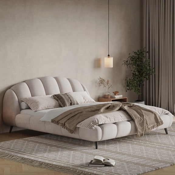 King Size Upholstered Bed - Shell-Shape with Chenille Headboard & Footboard, Beige - Solid Rubberwood & Steel Frame