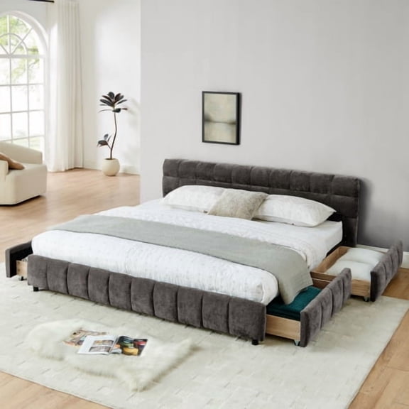 King Size Upholstered Bed with Drawer Storage, Chenille Fabric Platform Bed Frame with Headboard, Solid Frame for Bedroom, Dark Gray