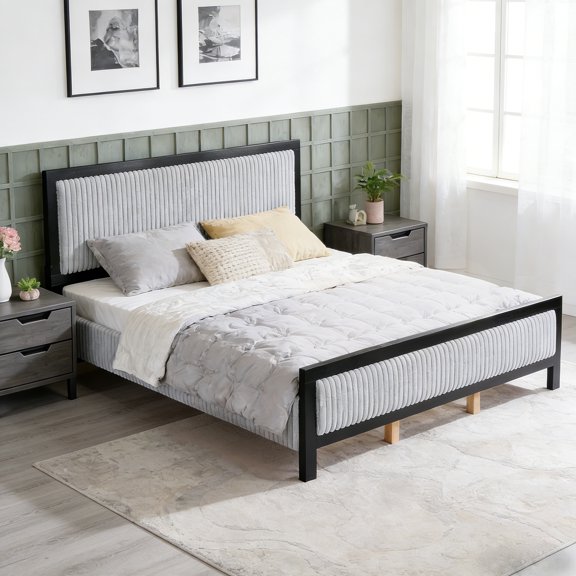 King Size Upholstered Bed with Fluffy Soft Headboard,Grey+Black Frame