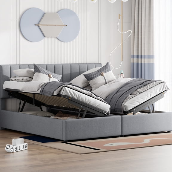 King Size Upholstered Bed with Vertical Stripe Headboard / Spacious Storage, Comfy Sleep