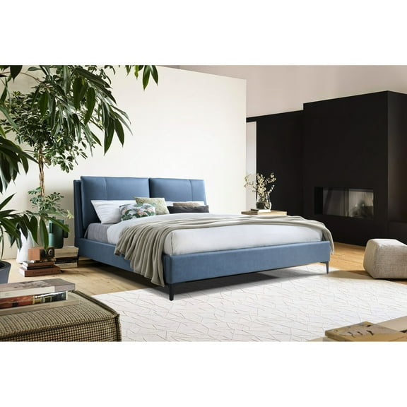 King Size Upholstered Blue Bed With Profuse Padding Pillowed Headboard And Platform Base For King, Calming Foundation