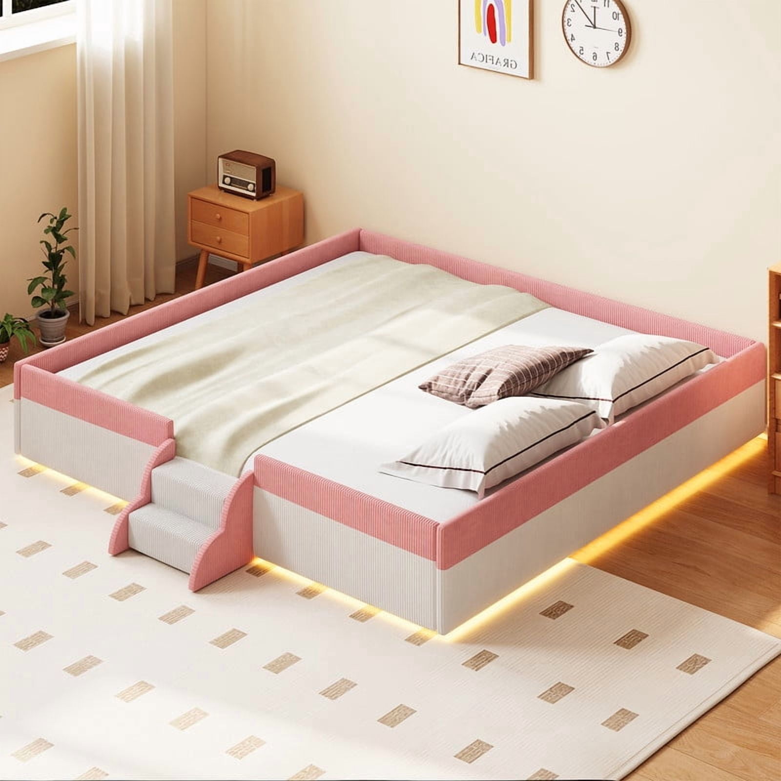 King Size Upholstered Floor Bed with Fence, 2-Tier Steps and Smart LED Lights, Corduroy Platform Bed Frame with Guardrails, Low Profile Montessori Bed for Boys Girls