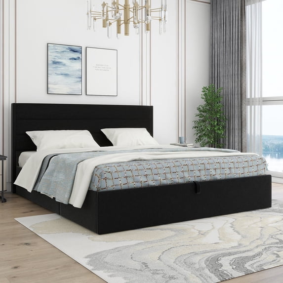 King Size Upholstered Hydraulic Storage Platform Bed,Black
