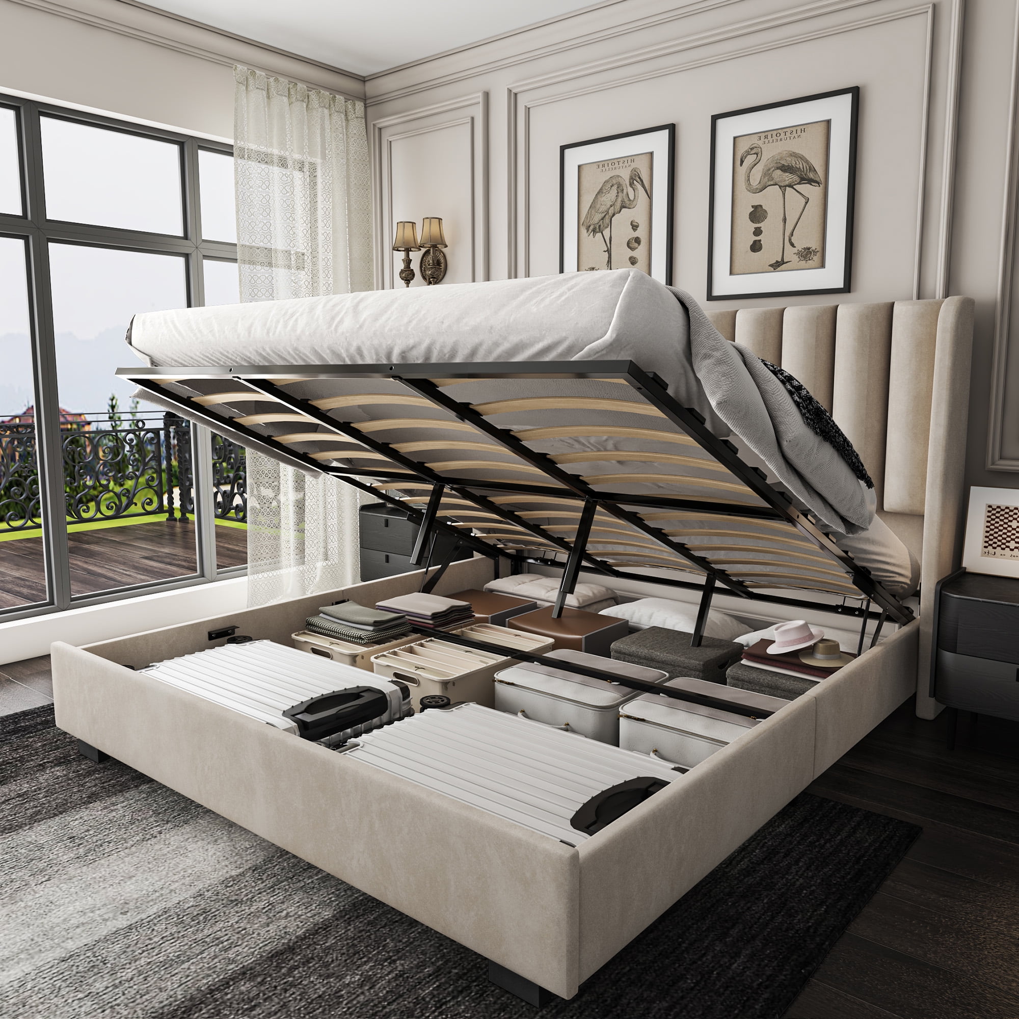 King Size Upholstered Lift Up Storage Bed Frame with 51" Tall Velvet Headboard, Wingback Platform Bed, Hydraulic Storage Base, No Box Spring Required, Noise-Free Double Low Profile Bed (King, Beige)
