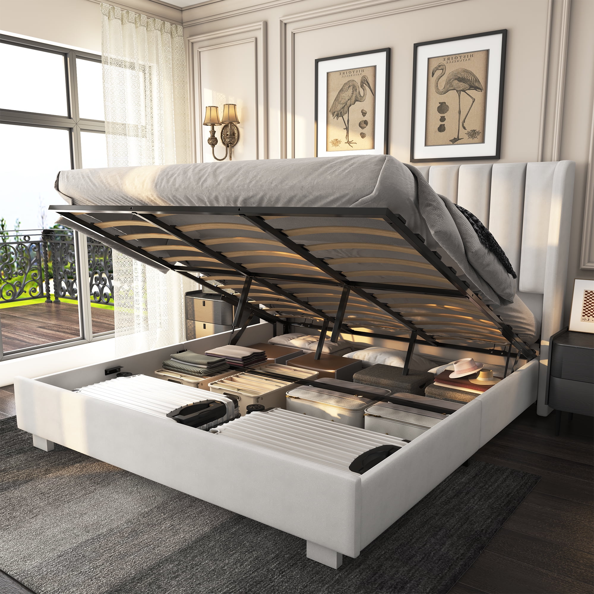 King Size Upholstered Lift Up Storage Bed Frame with 51" Tall Velvet Headboard, Wingback Platform Bed, Hydraulic Storage Base, No Box Spring Required, Noise-Free Double Low Profile Bed (King, White)