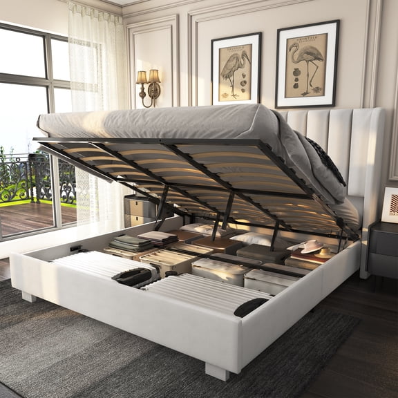 King Size Upholstered Lift Up Storage Bed Frame with 51" Tall Velvet Headboard, Wingback Platform Bed, Hydraulic Storage Base, No Box Spring Required, Noise-Free Double Low Profile Bed (King, White)