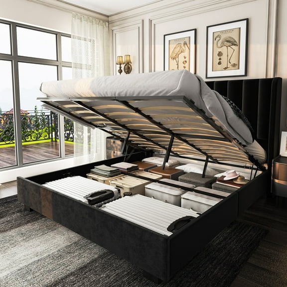 King Size Upholstered Lift Up Storage Bed Frame with 51" Tall Velvet Headboard, Wingback Platform Bed, Hydraulic Storage Base, No Box Spring Required, Noise-Free Double Low Profile Bed (King, Black)