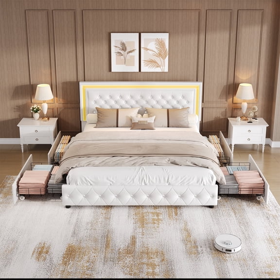 King Size Upholstered PU Bed Frame with 4 Storage Drawers, RGB LED Lighting & Adjustable Headboard, Sturdy Metal-Wood Build - No Box Spring Needed, White