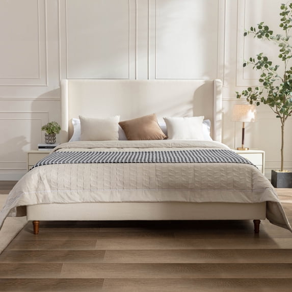 King Size Upholstered Platform Bed Frame with 54" Tall Wingback Headboard, Chenille Fabric, Strong Wood Slats Support, No Box Spring Needed, 1000LBS Capacity, Easy Assembly, Ivory