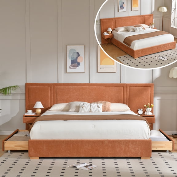 King Size Upholstered Platform Bed Frame, Bed Frame with Storage, Velvet Headboard with Built-in Nightstands & Drawers, No Box Spring Needed, Wooden Slats Support, Noise-Free, Easy Assembly, Orange