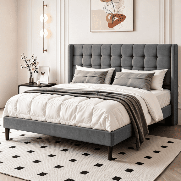 King Size Upholstered Platform Bed Frame with Button Tufted Headboard, Wooden Slats Supports, Noise Free, No Box Spring Needed, Easy Assembly, Dark Grey