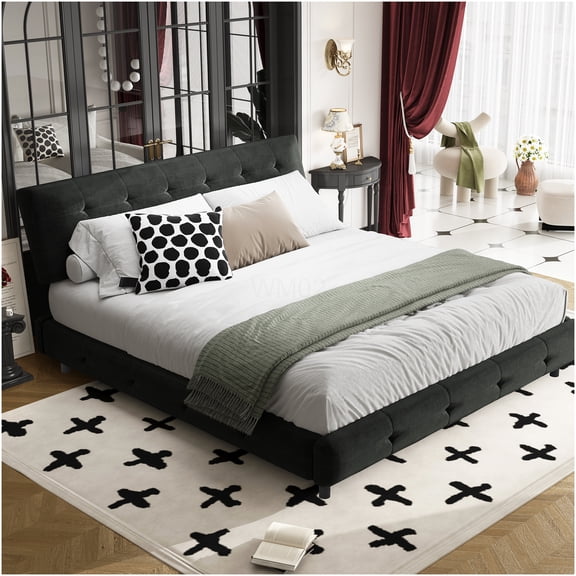 King Size Upholstered Platform Bed Frame with Cloud Pillow Headboard, No Box Spring Needed, Sturdy Metal and Wood Support, Silent and Stable, in Black Chenille Fabric