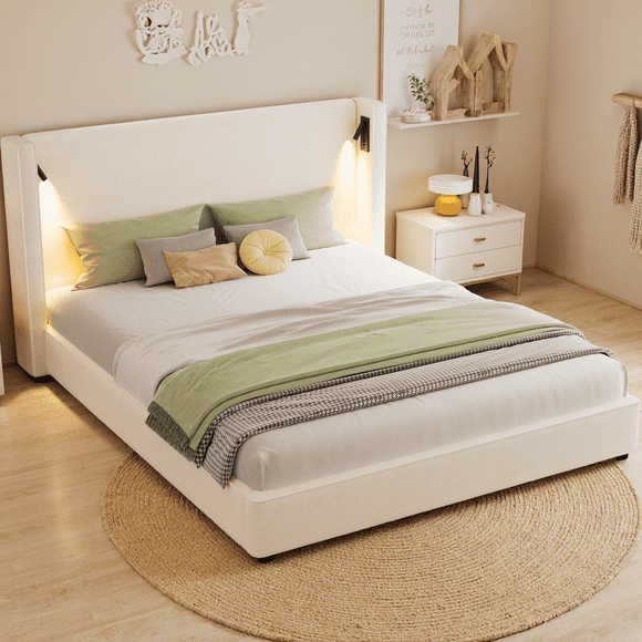 King Size Upholstered Platform Bed Frame with High Wingback Headboard, Built-In Reading Lamp and USB Charging Port, Soft Fabric Foam Padding, No Box Spring Needed