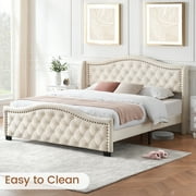 King Size Upholstered Platform Bed Frame with Tall Headboard 47.2" , King Bed with Velvet Button Tufted & Nailhead Trim Wingback Headboard, Luxurious Arched Footboard, No Box Spring Needed, Beige