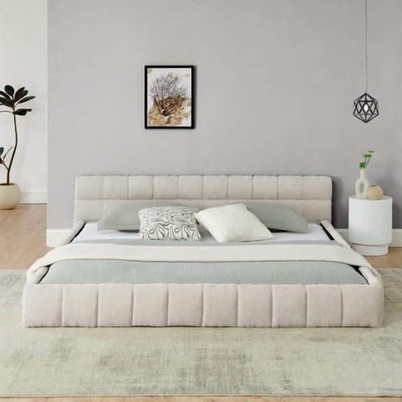 King Size Upholstered Platform Bed Frame with Thick Chenille Fabric Headboard, Modern Simple Grounded Bed Frame for Bedroom, No Box Spring Needed, Beige