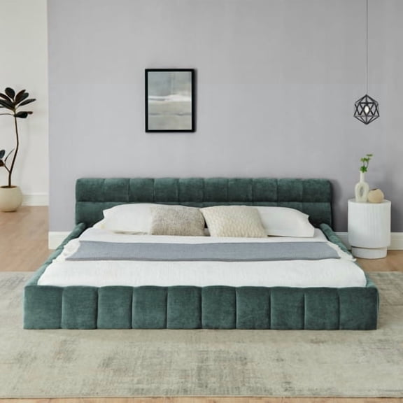 King Size Upholstered Platform Bed Frame with Thick Chenille Fabric Headboard, Modern Simple Grounded Bed Frame for Bedroom, No Box Spring Needed, Blue Green