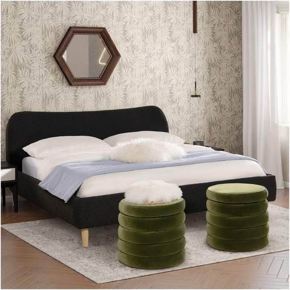 King Size Upholstered Platform Bed Frame with Curved Boucle Headboard, No Box Spring Required, Sturdy Wood Slat Support, Modern Bedroom Centerpiece