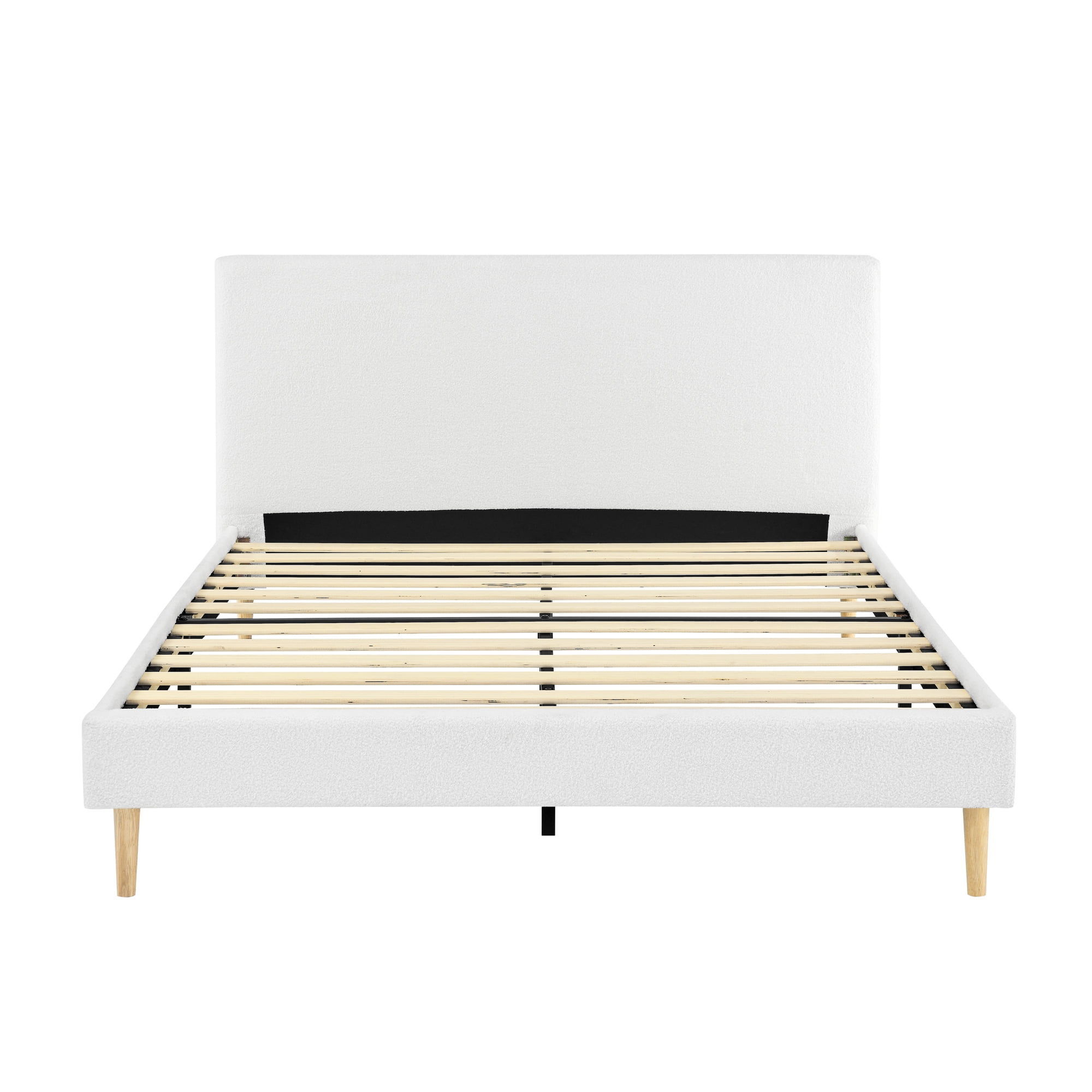 King Size Upholstered Platform Bed Frame with Headboard, Solid Wood Slat Support, White, No Box Spring Needed, Easy Assembly