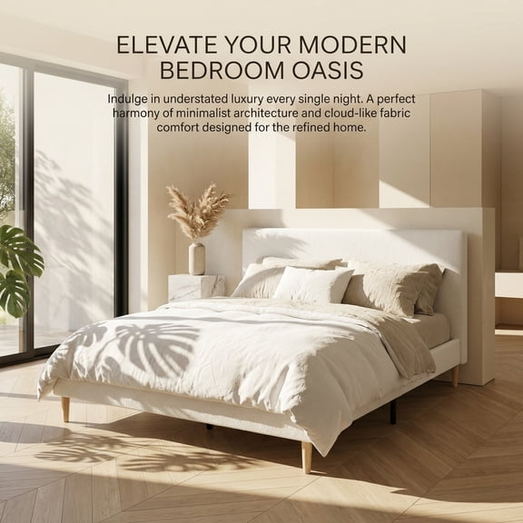 King Size Upholstered Platform Bed Frame with Headboard, White Fabric Bed Base, Solid Wood Slats, No Box Spring Needed, Easy Assembly
