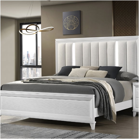 King Size Upholstered Platform Bed Frame with LED Headboard and Footboard, Modern Linen Fabric Panel Bed for Bedroom