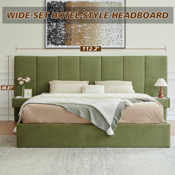 King Size Upholstered Platform Bed Frame with Lift up Storage, Velvet Headboard & Built-in Nightstands, No Box Spring Needed, Green