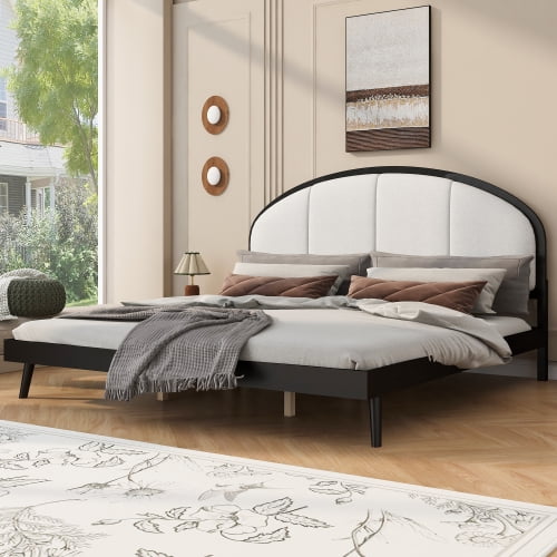 King Size Upholstered Platform Bed Frame with Linen Headboard, Sturdy ...