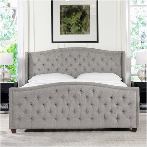 King Size Upholstered Platform Bed Frame with Nailhead Trim, Silver Grey Fabric Headboard & Sturdy Hardwood Base for Modern Bedroom