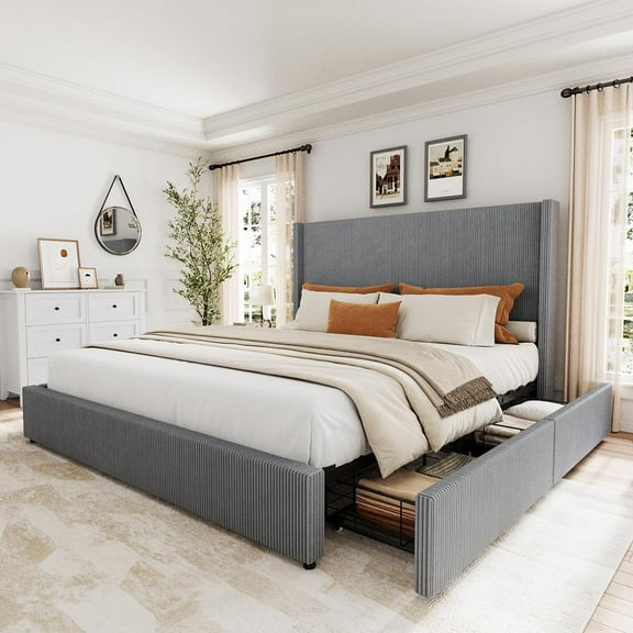 King Size Upholstered Platform Bed Frame with Storage Drawers, Corduroy Wingback with Tufted Headboard and Footboard, No Box Spring Needed, Grey