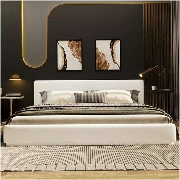 King Size Upholstered Platform Bed Frame with Velvet Headboard, No Box Spring Needed, Sturdy Metal Frame & Wood Slats, White Modern Bed