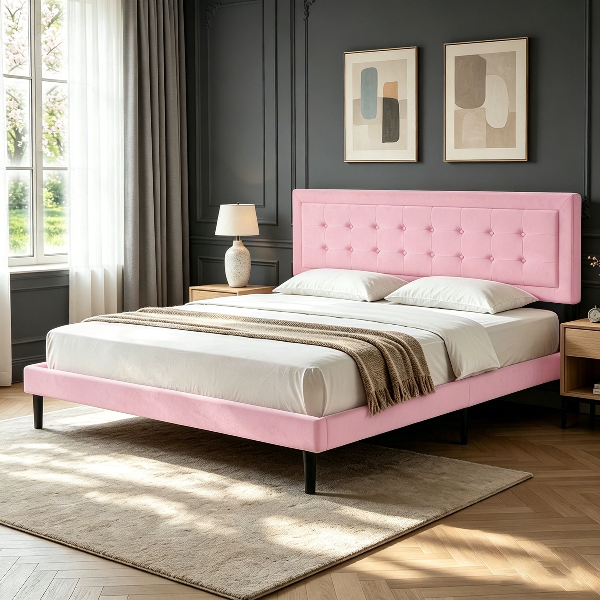 King Size Upholstered Platform Bed Frame with Wood Slats Support, Pink