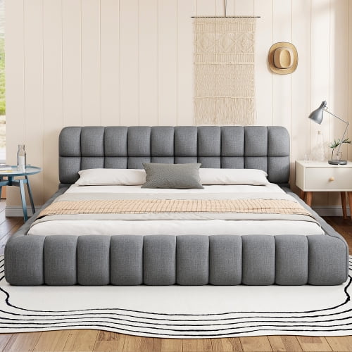 King Size Upholstered Platform Bed, Grounded Bed with Thick Linen Fabric Headboard, Solid Wood Frame for Bedroom, Gray