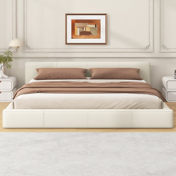 King Size Upholstered Platform Bed with High Wave-Shaped Headboard, Premium Chenille Fabric, Modern Minimalist Style, No Box Spring Needed, Easy Assembly, Ivory