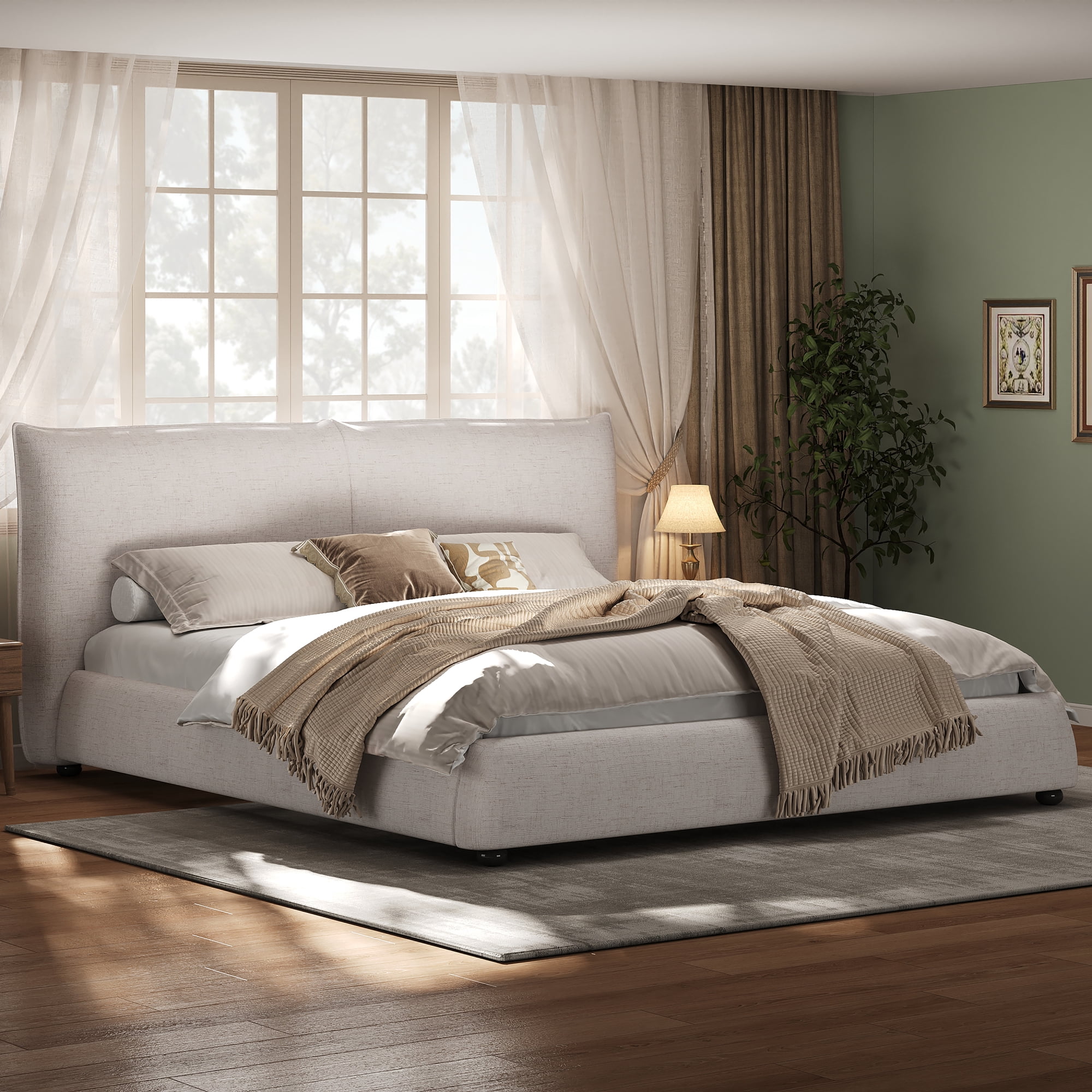 King Size Upholstered Platform Bed With Linen Fabric Pillow-Back Headboard, White