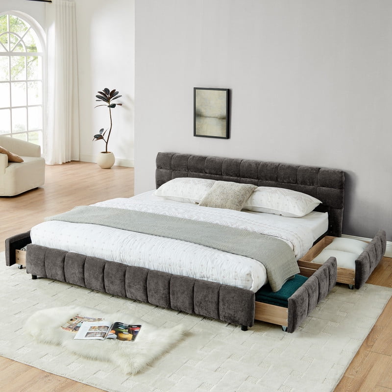 King Size Upholstered Platform Bed with 4 Storage Drawers, Low-Profile Chenille Grounded Bed with Headboard and Solid Frame, No Box Spring Needed