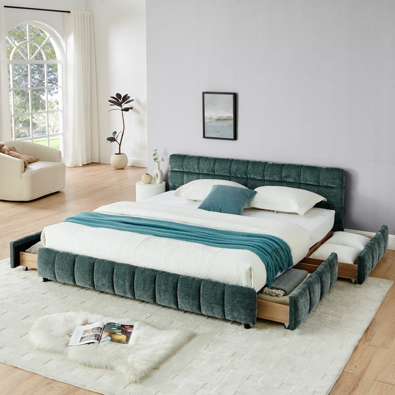 King Size Upholstered Platform Bed with 4 Storage Drawers, Low-Profile Chenille Grounded Bed with Headboard and Solid Frame, No Box Spring Needed