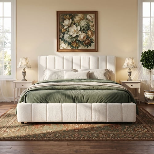 King Size Upholstered Platform Bed with Boucle Fabric Headboard, Modern Thick Padded Frame, No Box Spring Needed, Easy Assembly, Off White