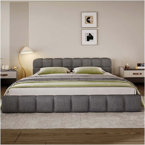 King Size Upholstered Platform Bed with Checkerboard Headboard, Plush Chenille Fabric, Modern Gray Bed Frame