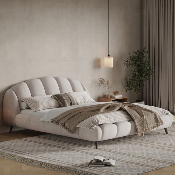 King Size Upholstered Platform Bed with Chenille Thick Headboard & Footboard, Shell-Shape Design, Beige - Durable & Luxurious