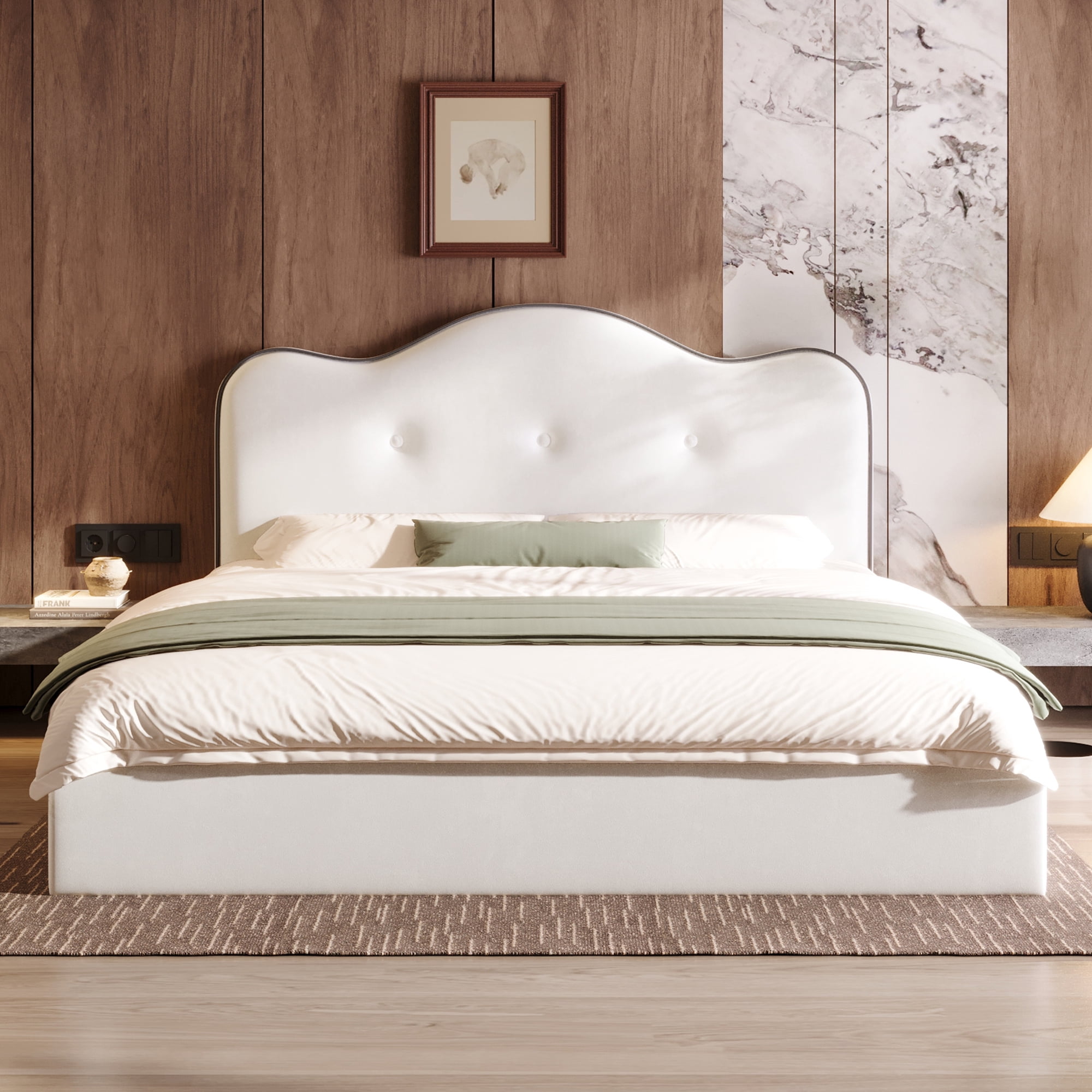 King Size Upholstered Platform Bed with Hidden Support Legs, Velvet Low-Profile Floor Bed Frame with Curved & Tufted Headboard