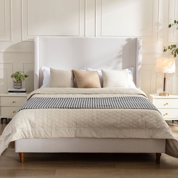 King Size Upholstered Platform Bed with High Headboard, Premium Chenille Fabric, Ivory, No Box Spring