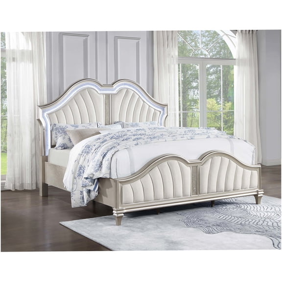King Size Upholstered Platform Bed with LED Lights, Ivory Fabric and Silver Metal Trim, Scalloped Headboard, Solid Wood Frame, No Box Spring Needed