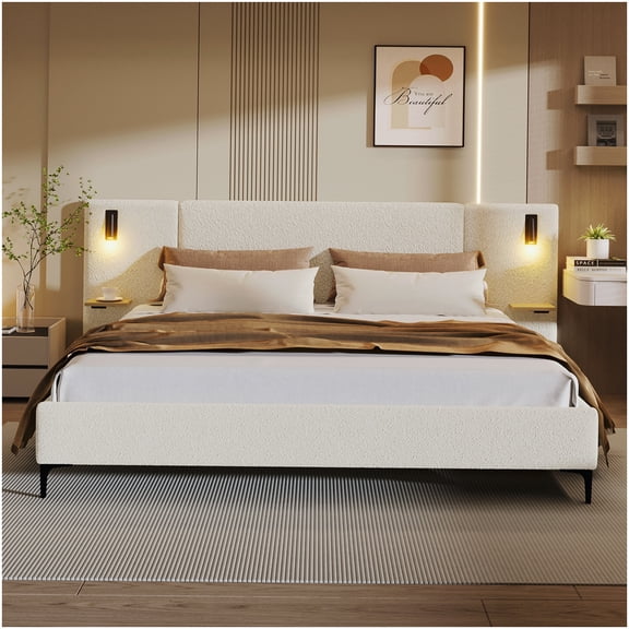 King Size Upholstered Platform Bed with LED Reading Lights and Built-in Shelves