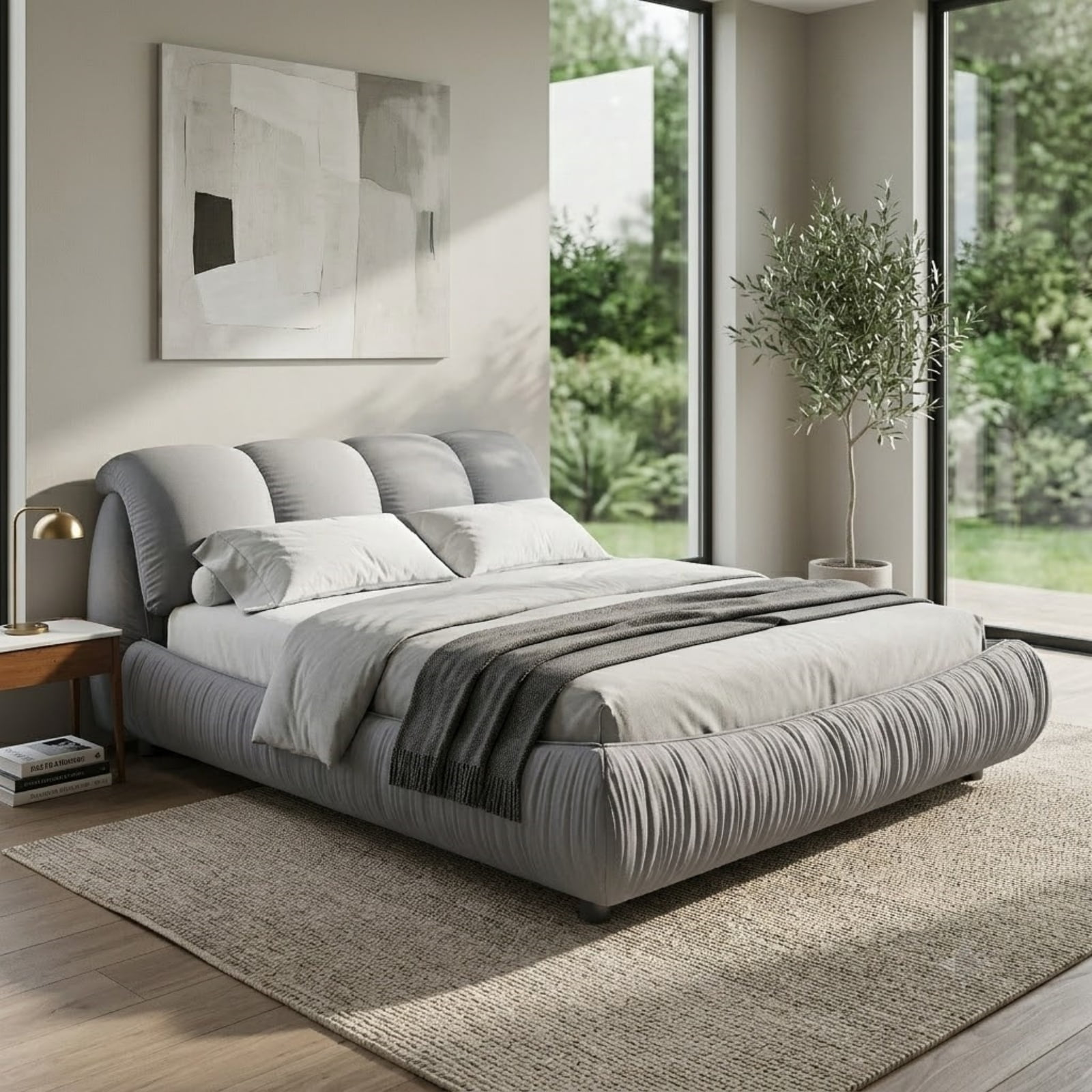 King Size Upholstered Platform Bed with Oversized Padded Backrest, Luxury Low Profile Bed with Solid Wood Frame and Slats Support for Bedroom