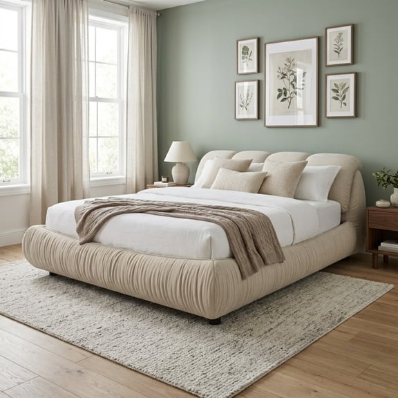 King Size Upholstered Platform Bed with Oversized Padded Backrest, Luxury Low Profile Bed with Solid Wood Frame and Slats Support for Bedroom