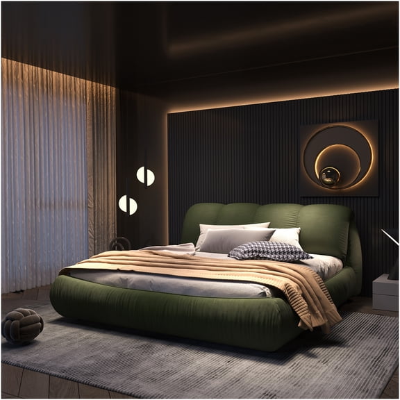 King Size Upholstered Platform Bed with Padded Headboard, Modern Pleated Design, High Weight Capacity, No Box Spring Needed