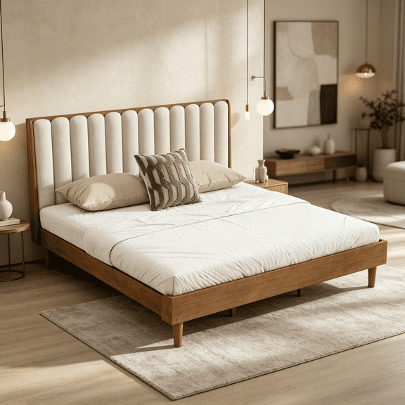 King Size Upholstered Platform Bed with Piano Key Headboard, Wheat Fabric, Solid Pine Wood Frame, Modern Minimalist Bedroom Furniture
