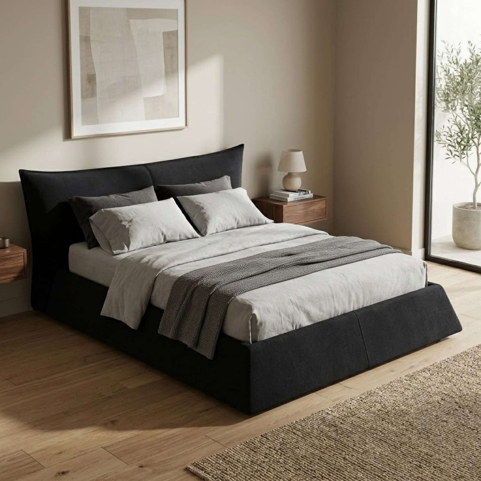 King Size Upholstered Platform Bed with Special Shaped Velvet Headboard, Modern Low Profile Bed with Solid Wood Frame and Slats Support for Bedroom