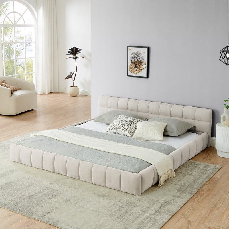 King Size Upholstered Platform Bed with Thick Fabric, Chenille Fabric Grounded Bed Floor Bed with Headboard and Solid Frame, No Box Spring Needed