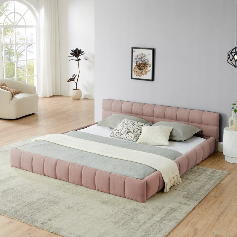 King Size Upholstered Platform Bed with Thick Fabric, Chenille Fabric Grounded Bed Floor Bed with Headboard and Solid Frame, No Box Spring Needed