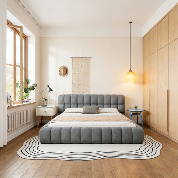 King Size Upholstered Platform Bed with Thick Fabric, Low-Profile Solid Frame, No Box Spring Needed, Gray